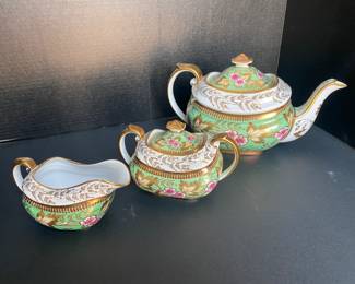 $100 Old Paris green tea pot cream and sugar (sugar previously restored )