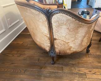 $700 - French style rounded back sofa down pillow, Scalamandre vintage fabric. Staining on one back side. 56x26x30