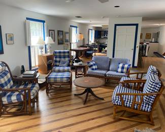 $1,450 McGuire bamboo living room set. Includes Loveseat (52x32x30) 2 end tables (20x20x21) 2 high back guest chairs (26x27x38) 2 guest chairs (29x31x30) Ottoman (27x26x18) and slate table 8 pieces 