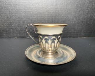 $600 - 20 Demitasse Lenox porcelain insert sterling cups and sauciers