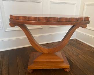 $295- Unusual Art Deco modern oval burlwood side table 26x19x20
