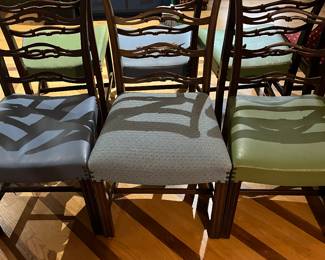 $240 six wooden chairs with assorted colored cushions some damage as is
