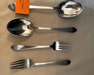 #47 - $350 - Tiffany sterling 2 meat fork/ serving spoon set faneuil (1910) & Clinton (1912) 4 pieces. 