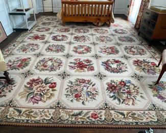-$3,600- Hand knitted needlepoint floral rug - Stark rug. 11'8" x 17'9" - was recently cleaned and just unrolled. 