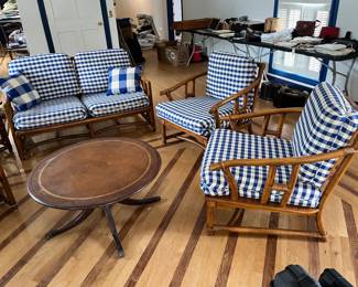 $1,450 McGuire bamboo living room set. Includes Loveseat (52x32x30) 2 end tables (20x20x21) 2 high back guest chairs (26x27x38) 2 guest chairs (29x31x30) Ottoman (27x26x18) and slate table 8 pieces 