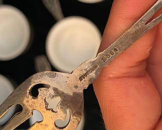 #28 - $300  - Sterling escargots or cassolettes set with forks (12 pieces) in original fitted box. 322gr just sterling. 