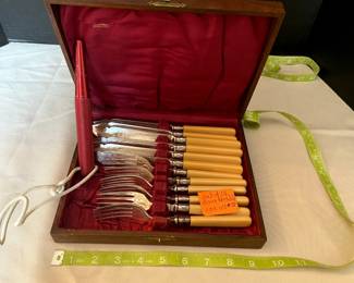 #57 - $100 - English bone handles fish set 6 forks 6 knifes in box