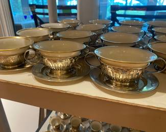 1st set - $500 -12 Bouillons Lenox porcelain insert sterling cups and saucer