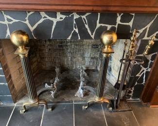 $450 - Antique brass andirons with screen 30x30 & tools 