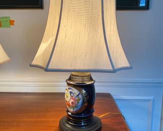 $150 Pair of colbalt blue lamps with floral design