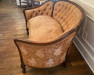 $700 - French style rounded back sofa down pillow, Scalamandre vintage fabric. Staining on one back side. 56x26x30