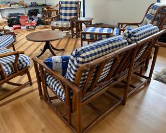 $1,450 McGuire bamboo living room set. Includes Loveseat (52x32x30) 2 end tables (20x20x21) 2 high back guest chairs (26x27x38) 2 guest chairs (29x31x30) Ottoman (27x26x18) and slate table 8 pieces 