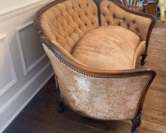 $700 - French style rounded back sofa down pillow, Scalamandre vintage fabric. Staining on one back side. 56x26x30