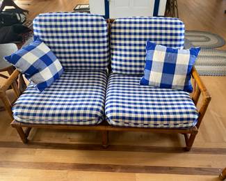 $1,450 McGuire bamboo living room set. Includes Loveseat (52x32x30) 2 end tables (20x20x21) 2 high back guest chairs (26x27x38) 2 guest chairs (29x31x30) Ottoman (27x26x18) and slate table 8 pieces 