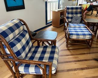 $1,450 McGuire bamboo living room set. Includes Loveseat (52x32x30) 2 end tables (20x20x21) 2 high back guest chairs (26x27x38) 2 guest chairs (29x31x30) Ottoman (27x26x18) and slate table 8 pieces 