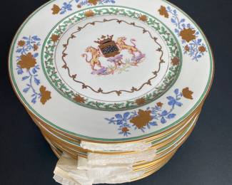 $240 set of 12 Lion Plates cotes of arms - hand painted unsigned 