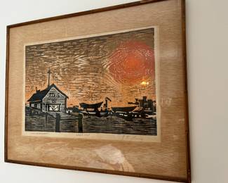 $150 J.T Lang (American artist Philadelphia) Artist Proof A/P titled Dawn over Barnegat - Mid century period 