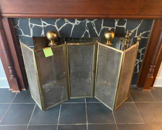 $450 - Antique brass andirons with screen 30x30 & tools 