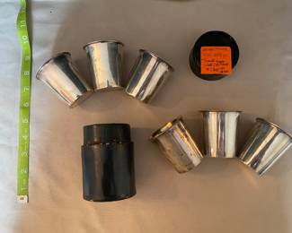 #33 - $136 - Sterling travel cup set (6) in fitted leather case - 248 gr. 
