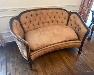 $700 - French style rounded back sofa down pillow, Scalamandre vintage fabric. Staining on one back side. 56x26x30