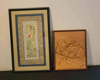 Chinese Embroidered Art Tapestry Asian Wood Relief Carving