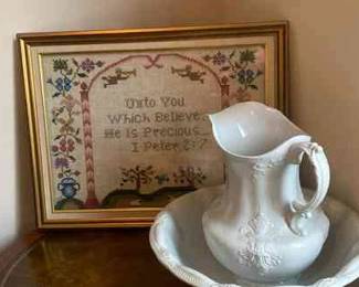 Needlepoint Art And JG Meakin Pitcher  Bowl Set