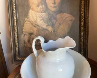 Original Mother Child Oil Painting And Sydney Pitcher JG Meakin Wash Bowl