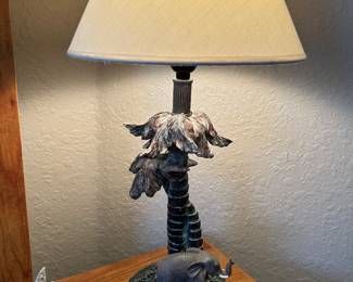 Metal lamp, elephant & palm trees