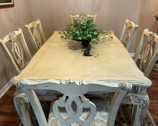 Painted Dining Set, French style, 1 Leaf, 6 Dining Chairs