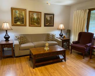 Living room furniture, sofa, wingback, coffee tables and side tables artwork lamps 
