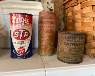 Vintage oil, catfish bait , telephone cell 