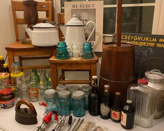 Vintage jars , vintage kitchen, butter churn, children’s seats 