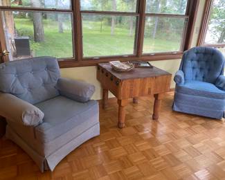  Blue side chairs, great butcher Block 