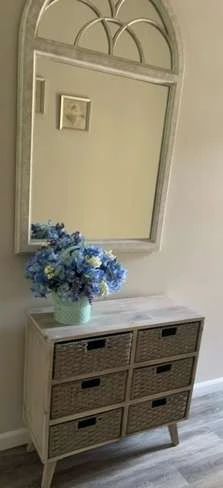 Small Storage Unit With Basket Drawers, Mirror And Decor 