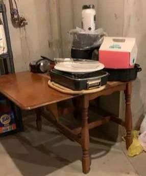 Mystery Lot Kitchen drop leaf table included  Budweiser cooler and thermoses 