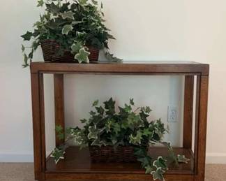 Wood And Glass Sofa Table With Silk Plants 