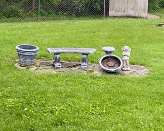 concrete planter, 2 piece bench, 2 piece bird bath, child
