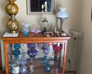 curio cabinet, Fenton glassware, Fenton Gone with the Wind lamp, Fenton lamp