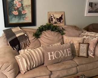 microfiber couch, decorative pillows, footstool