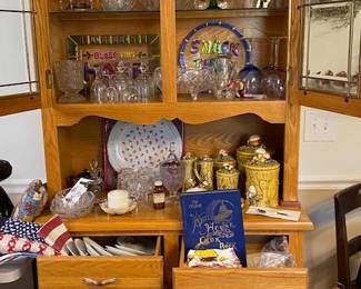 Oak china cabinet, vintage Roeman beehive stem sherry glasses,Christmas decanter with 7 sherry glasses