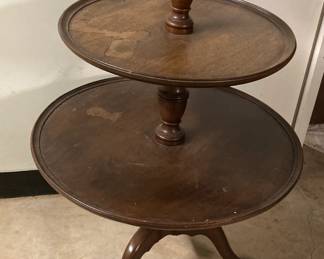 Antique Wood 3 Tier Table 37”h x 25”diam
