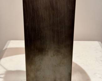 SOLD each (2 available); Restoration Hardware metal, square-based table lamp with burlap shade; close-up view of metal base; 12”d x 21”h