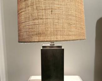 SOLD each (2 available); Restoration Hardware metal, square-based table lamp with burlap shade; 12”d x 21”h