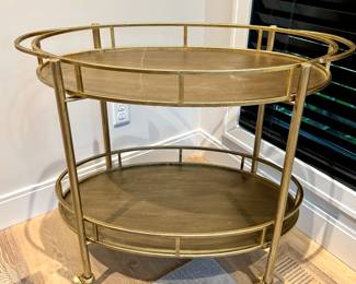 SOLD  2-tiered gold-colored metal bar cart ; 34x18x30