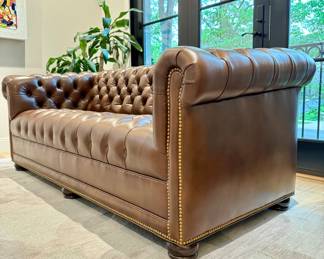 SOLD These are BRAND NEW! TWO available! Never used; custom ordered and then no longer needed; Hancock & Moore Chesterfield Sofa, authentic leather, rolled arms and nail-head trim in espresso color with custom upgrade to Protected Leather;  77x35x30. Currently Retails for $13,200 (whoa!);  selling for $7,800/each.  Bids will be considered. 