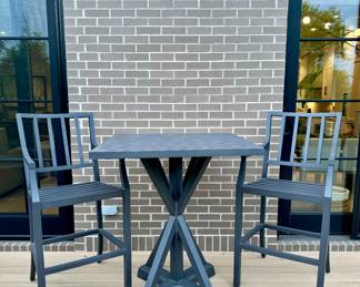 SOLD 3 piece set. Arhaus Montego outdoor aluminum bar height table and chairs; Currently Retails for $3,866; table: 36x36x42; chairs: 23x19x49
