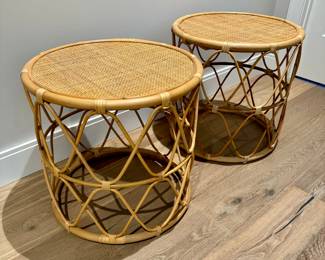 SOLD round, BoHo style wicker and rattan side table; 20”d x 20”h