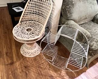 Chair on the left is a true vintage 3 piece in spun fiberglass…likely a Russell Woodard,  but we don’t see a mark or signature anywhere. Real neat wire shelf (probably actually designed to be and/or a record holder) 