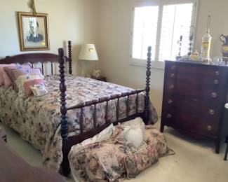 Antique spindle double bed with dresser.