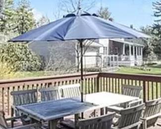 Outdoor Teak ANACARA COMPANY furniture Table Chairs and Umbrella purchased from Ski Barn well maintained